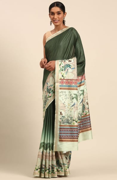 Olive Green Cotton Woven Saree