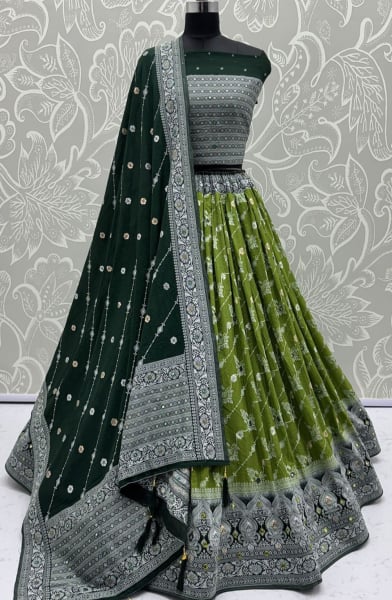 Olive Green Embellished Georgette Satin Lehenga Choli