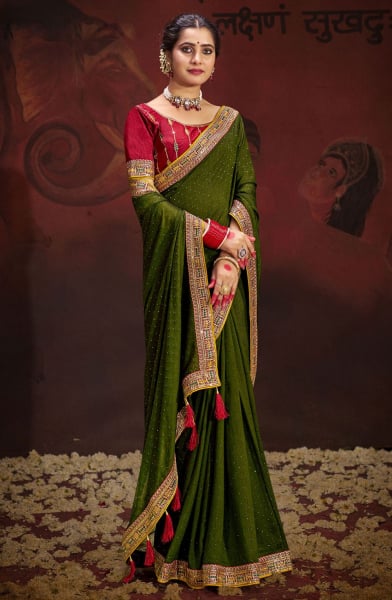 Olive Green Embellished Silk Georgette Saree