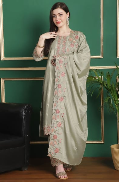 Olive Green Embroidered Chinnon Chiffon Pant Kameez