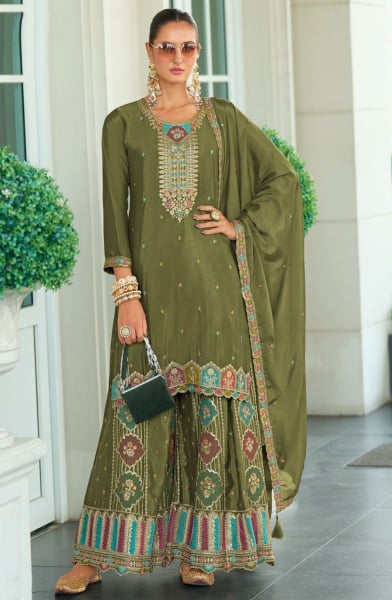 Olive Green Embroidered Chinnon Silk Palazzo Kameez