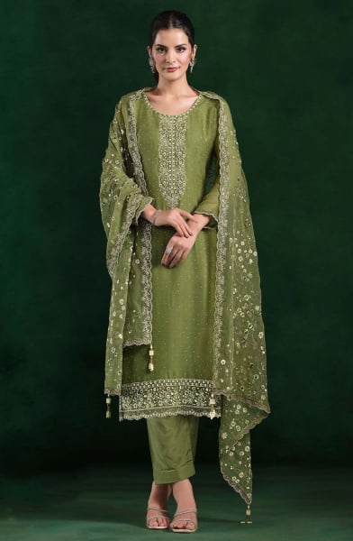 Olive Green Embroidered Crinkle Chiffon Pant Kameez