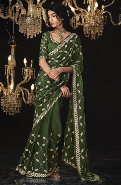 Olive Green Embroidered Designer Saree for Ceremonial