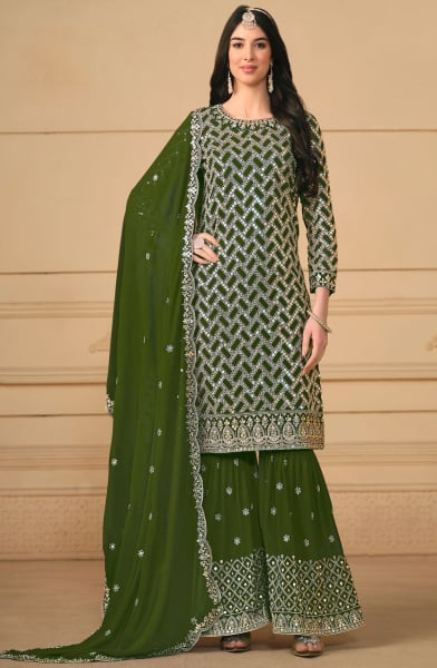 Olive Green Embroidered Faux Georgette Sarara Kameez