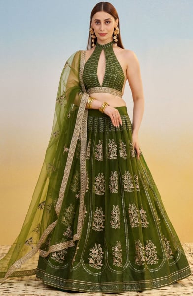 Olive Green Embroidered Net Designer Lehenga Choli