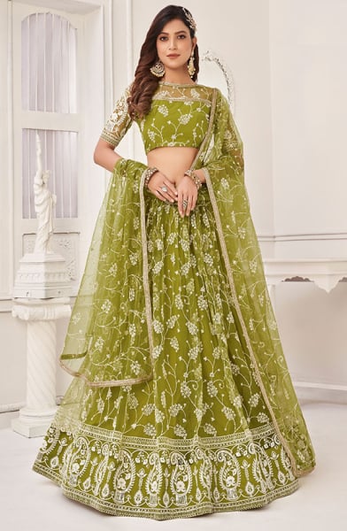 Olive Green Embroidered Net Lehenga Choli