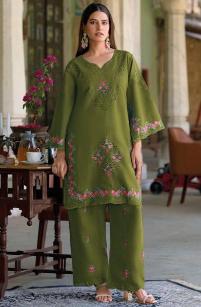 Olive Green Embroidered Roman Silk Co-Ord Set