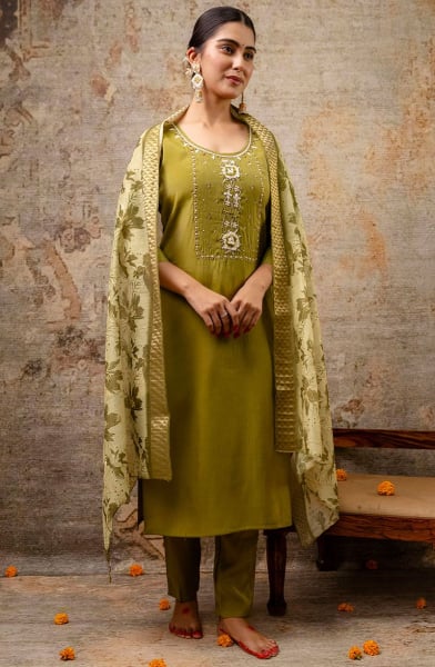 Olive Green Embroidered Shimmer Silk Readymade Suit
