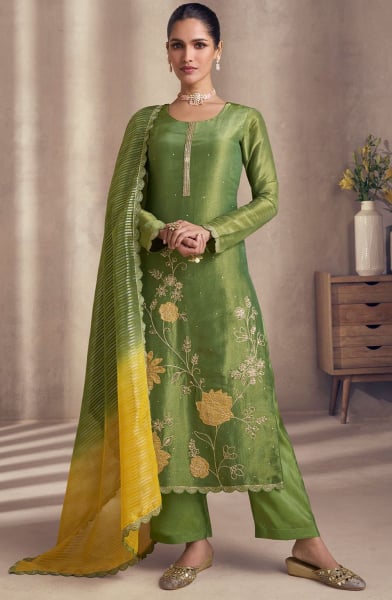 Olive Green Embroidered Shimmer Silk Readymade Suit