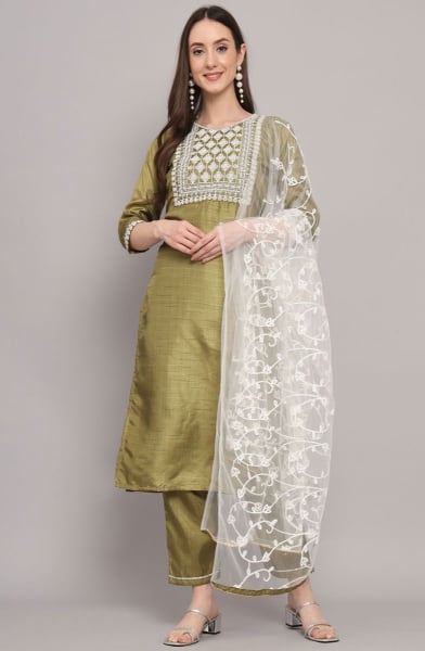 Olive Green Embroidered Silk Blend Readymade Suit