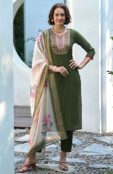 Olive Green Embroidered Silk Pant Kameez