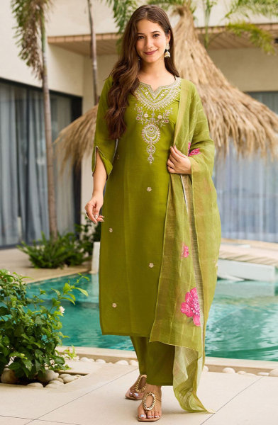 Olive Green Embroidered Viscose Readymade Suit