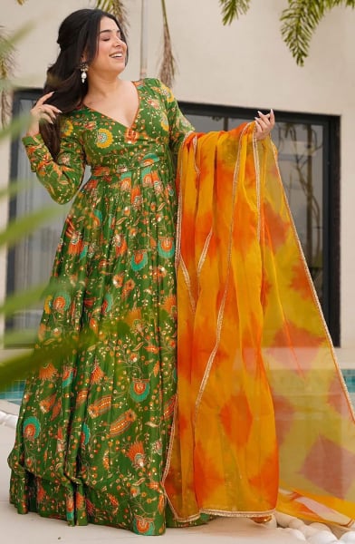 Olive Green Flared Silk Anarkali Gown with Dupatta