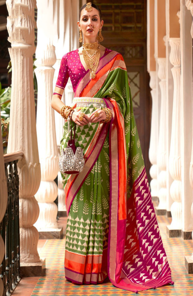 Olive Green Foil Print Silk Saree