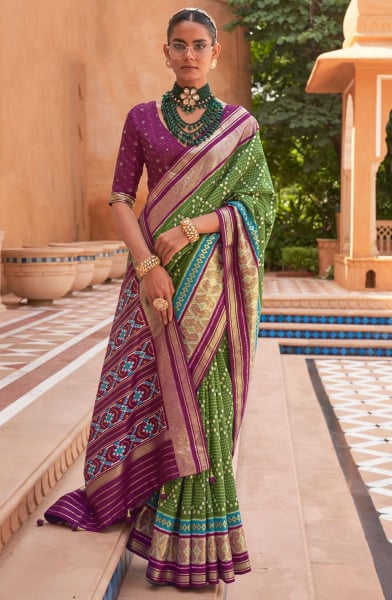 Olive Green Foil Print Smooth Silk Saree