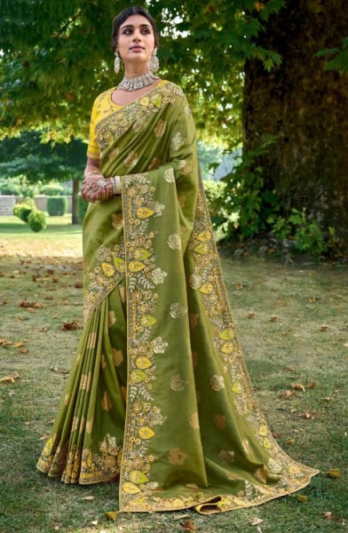 Olive Green Gadhwal Silk Designer Saree