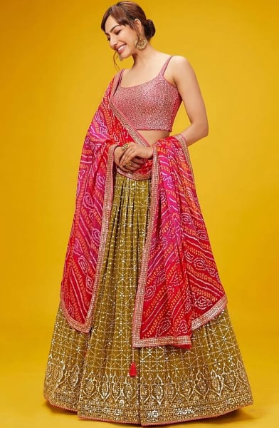 Olive Green Georgette Heavy Designer Lehenga Choli Set for Wedding