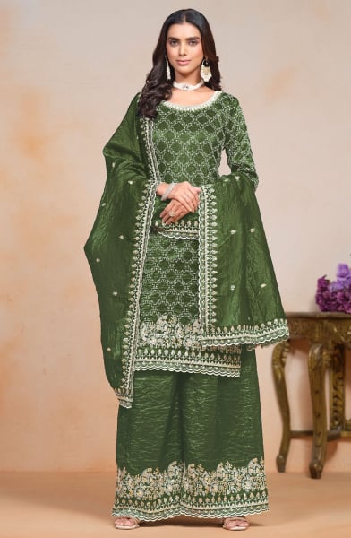 Olive Green Gold Crush Embroidered Palazzo Kameez Suit