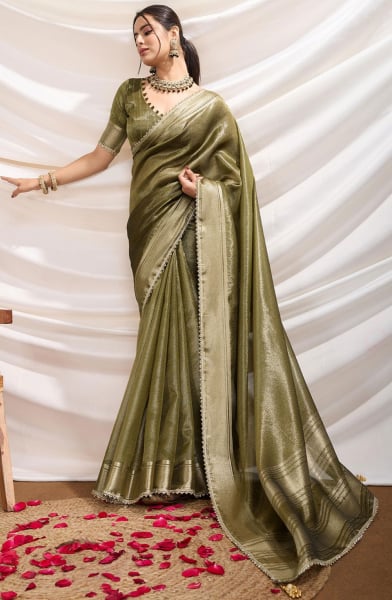 Olive Green Gold Infused Tissue Linen Saree