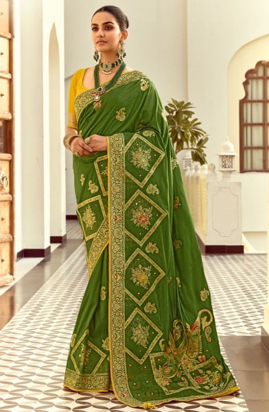 Olive Green Handwork Dola Silk Saree
