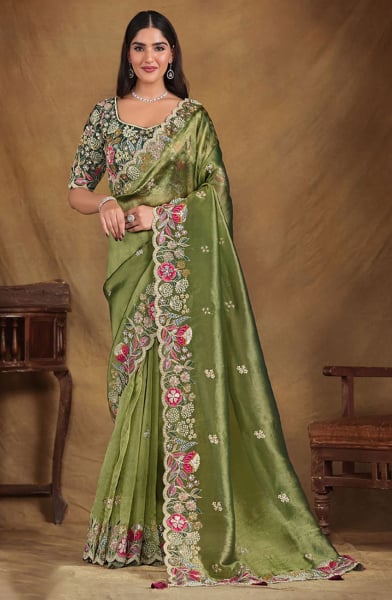 Olive Green Heavy Embroidered Designer Saree