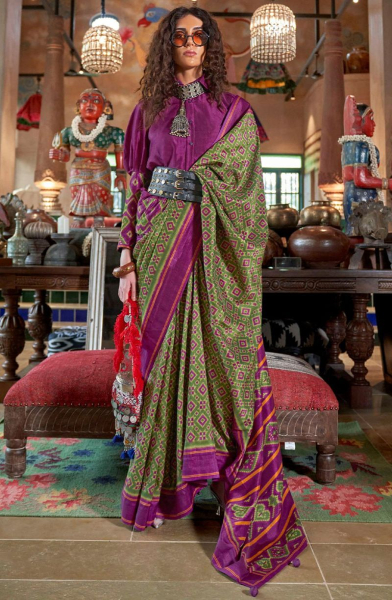 Olive Green Ikkat Print Viscose Silk Saree