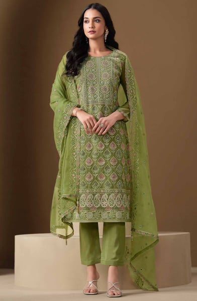 Olive Green Lakhnavi Embroidered Chiffon Plus Size Suit