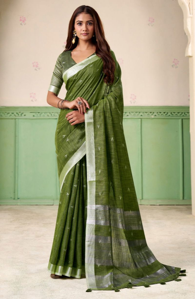 Olive Green Line Silk Saree with Zari Patta