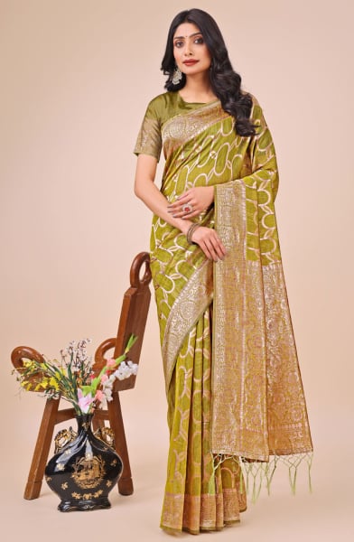Olive Green Linen Cotton Printed Saree