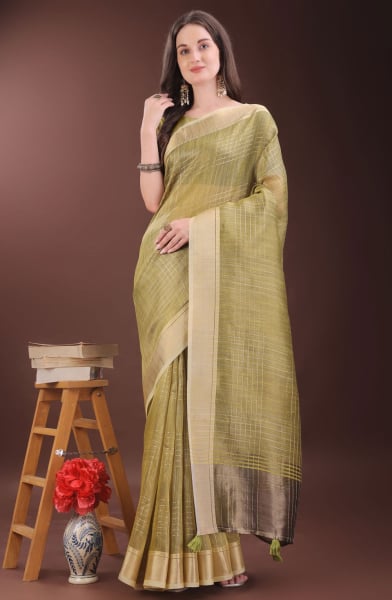 Olive Green Organza Printed Saree