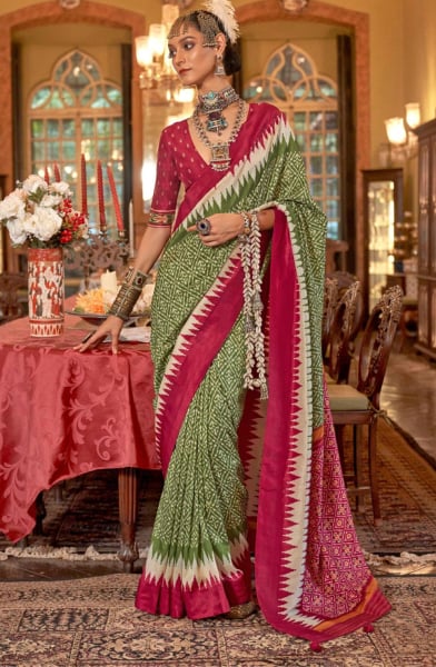 Olive Green Patola Design Viscose Silk Saree