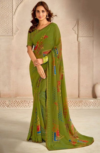 Olive Green Printed Georgette Saree