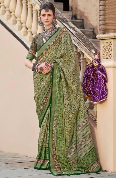 Olive Green Printed Silk Saree for Party