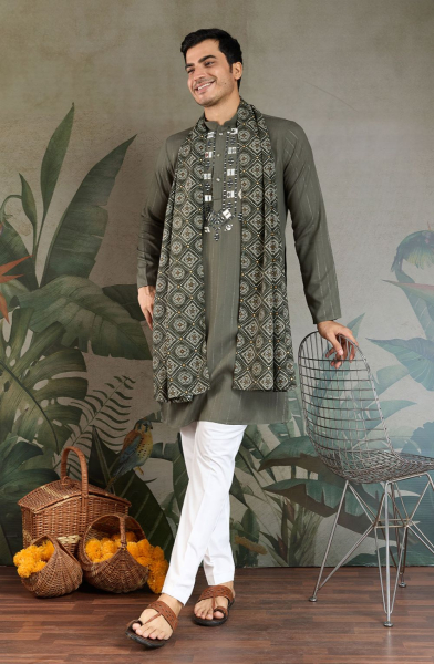 Olive Green Pure Viscose Kurta with Stole for Festival