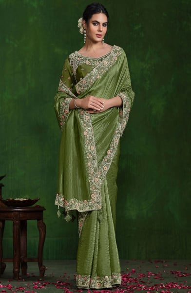 Olive Green Sequins Embroidered Designer Saree