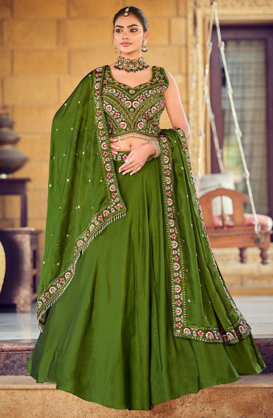 Olive Green Silk Lehenga Choli for Ceremonial