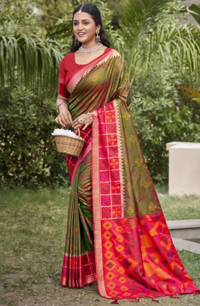Olive Green Silk Woven Work Saree