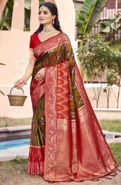 Olive Green Silk Woven Work Saree