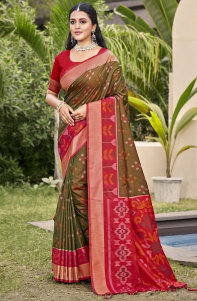 Olive Green Silk Woven Work Saree