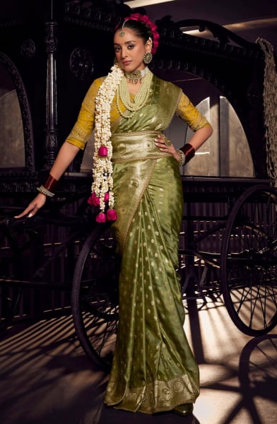 Olive Green Silk Zari Weaving Saree for Ceremonial