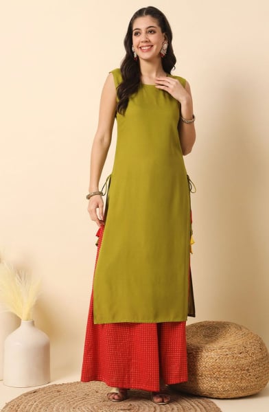 Olive Green Solid Rayon Kurti