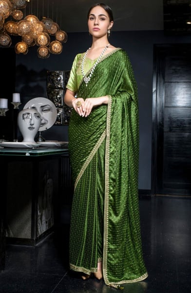 Olive Green Viscose Satin Saree with Embroidered Blouse