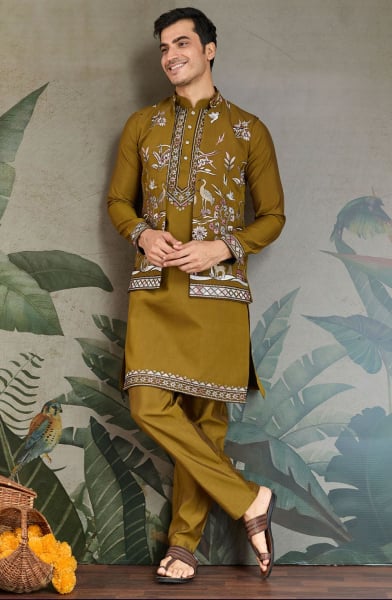 Olive Green Viscose Silk Kurta Pyjama Set with Jacket