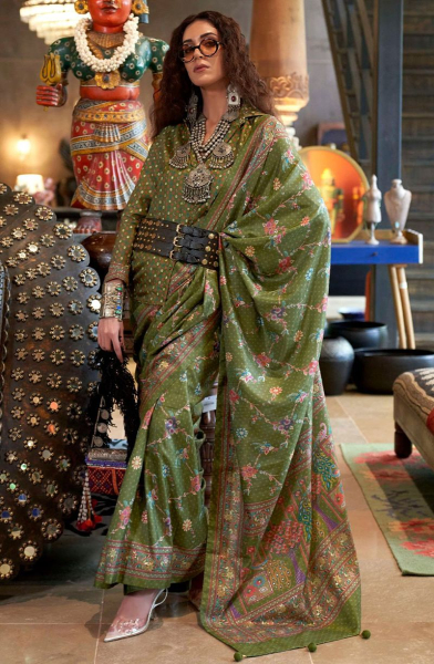 Olive Green Viscose Silk Saree for Festival