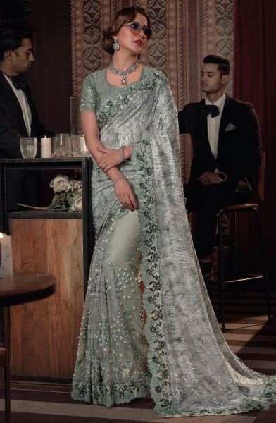 Olive Grey Hand Embroidered Designer Saree