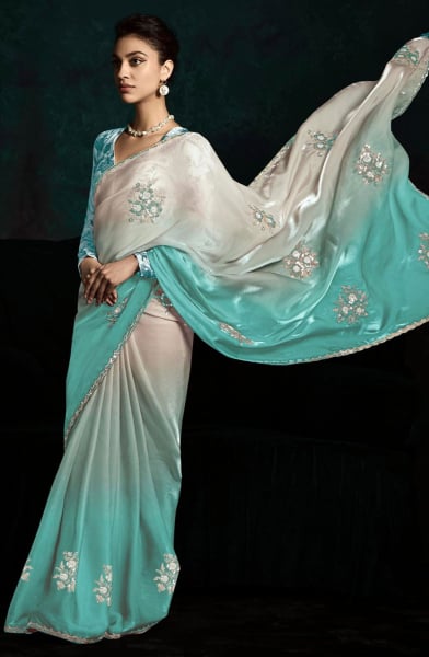 Ombre Aqua Embroidered Designer Saree for Wedding