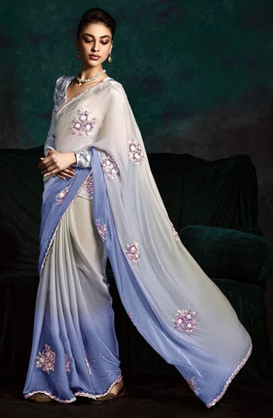 Ombre Blue Embroidered Designer Saree for Wedding