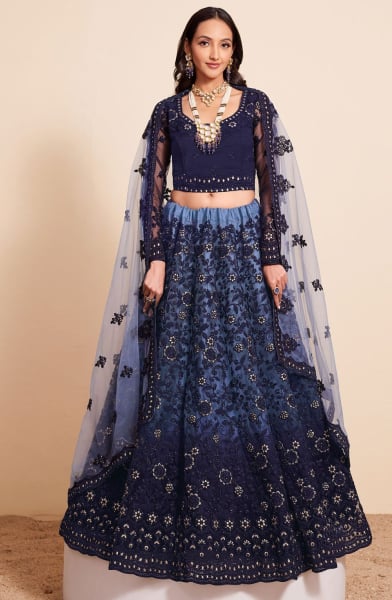 Ombre Blue Embroidered Net Designer Lehenga Choli