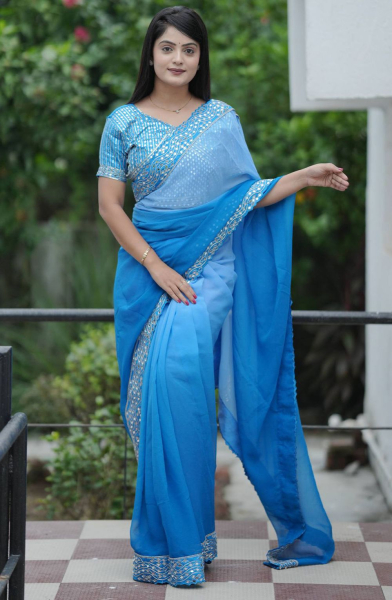 Ombre Blue Mirror Embellished Faux Georgette Saree