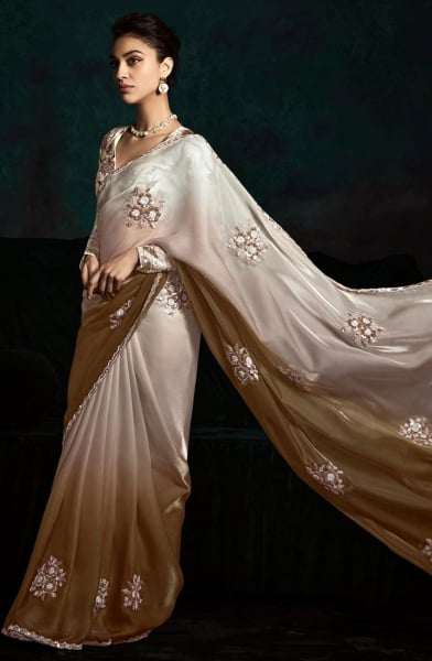 Ombre Brown Embroidered Designer Saree for Wedding